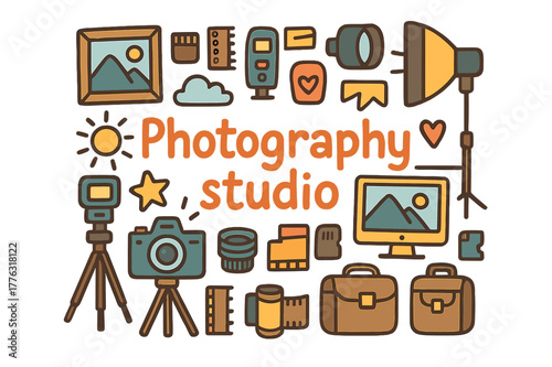 Photography Studio Doodles. Photography studio. Hand-drawn doodle illustration of photography studio. Camera,