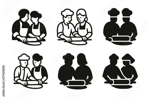 Couples Cooking Logos. Couples cooking together in the kitchen. Set Logo of couples cooking together in the kitchen: two chefs rolling pasta dough with rolling