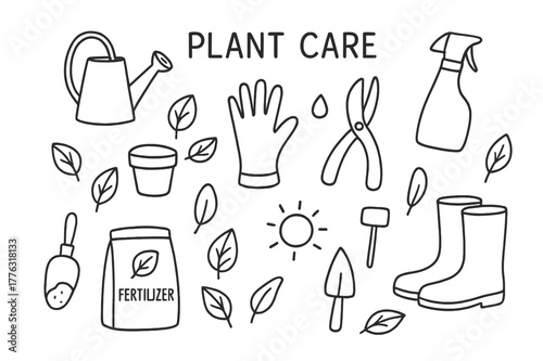 Plant Care Essentials. Plant care. Hand-drawn doodle illustration plant care watering can, spray bottle, gloves, pruning shears, pot, leaves, fertilizer bag,