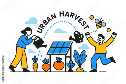 Urban Garden Harvest. Rooftop Garden + Panels. Vegetables sprout beside elevated PV frames; watering can pours a dotted arc labeled ?Urban Harvest.? Bees buzz