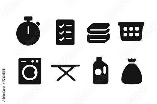 Efficient Laundry Icons. Efficient laundry. Filled icon set of efficient laundry: timer clock, checklist,