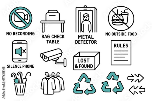 Security Signs Doodles. Security & etiquette signs. Hand-drawn doodle illustration security and etiquette signs no recording sign (accented), bag check table,