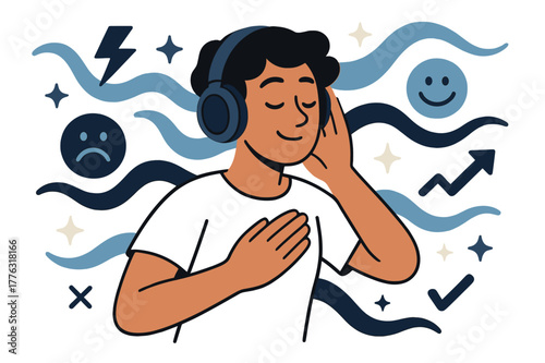 Harmonious Focus. Navigating stress. Person listening to music with headphones, surrounded by abstract floating waves, icons, and sparkles; conveys calm,