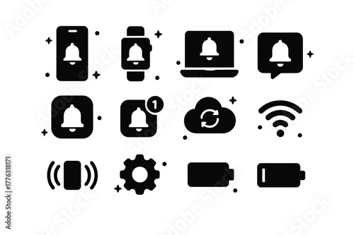 Digital Reminder Icons. Digital Reminders. Solid icons set of Digital Reminders: smartphone, smartwatch, laptop, desktop notification, app icon, push bell,
