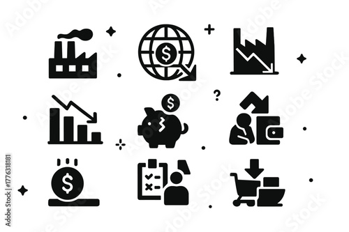 Global Recession Icons. Global recession. Solid icons set of Global recession: factory, money, graph, economy, industry, stock, market, crisis, bankruptcy,