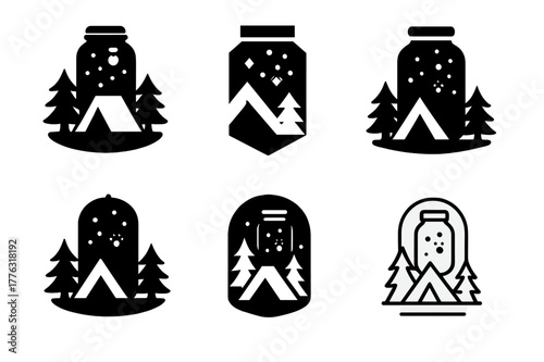 Fireflies Logo Variations. Catching fireflies. Set Logo of catching fireflies: campsite scene with glowing swarm. Icon set. harmonious logo variations of the