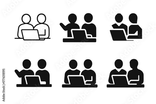 Mentorship Logo Designs. Workplace mentorship and coaching. Set Logo of workplace mentorship and coaching: mentor and mentee at desk with laptop. Icon set.