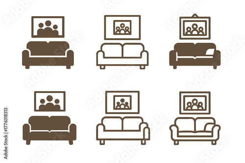 Family Decor Logos. Personalizing home decor with family photos. Set Logo of personalizing home decor with family photos: cozy living room with framed art.