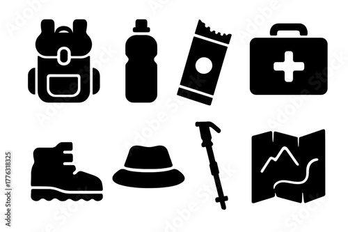 Trail Essentials Icons. Trail essentials. Filled icon set of trail essentials: backpack, water bottle, snack