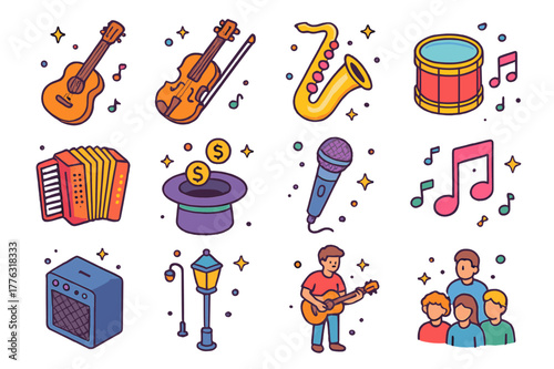 Colorful Busking Icons. Busking. Colorful isometric vector icons set of busking: guitar, violin, saxophone, drum, accordion, hat for tips, microphone, music