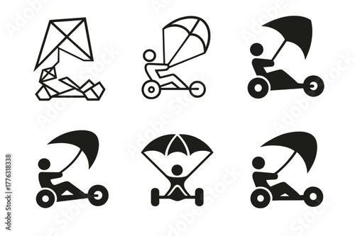 Kite Buggy Logos. Kite buggy. Set Logo of Kite buggy: traction kite towing sand buggy. harmonious logo variations of the same emblematic concept, each with