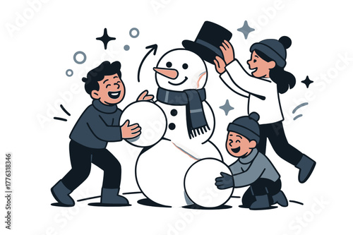 Joyful Snowman Building. Snowman building fun. Kids stacking snowballs and decorating a snowman with scarf and