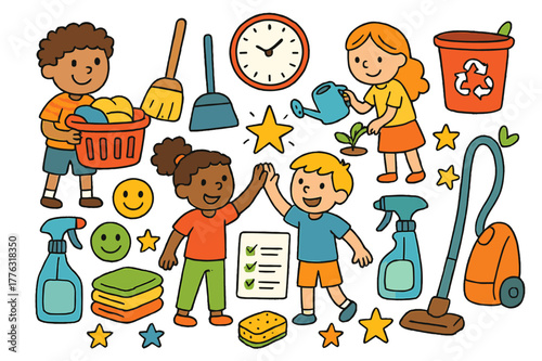 Teamwork Chore Icons. Teamwork chores. Colorful Hand-drawn doodle Children illustration Teamwork chores laundry basket, broom, dustpan, spray bottle, folded