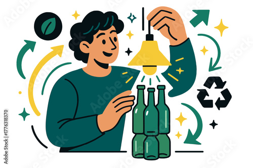 Eco Lamp Creation. Upcycling and creative reuse of materials. Person crafting a decorative lamp from recycled bottles with abstract floating arrows, sparkles,