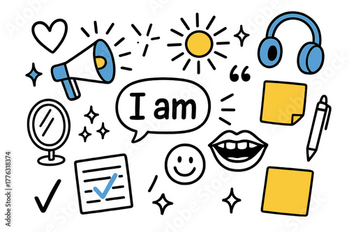 Empowering Doodle Icons. // Affirmations. Hand-drawn doodle illustration affirmations [speech bubble ?I am? (accented), megaphone (accented), heart, sunburst
