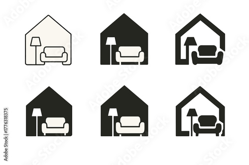 Stylish Staging Logos. Home staging for selling. Set Logo of home staging for selling: furnished living room setup. Icon set. harmonious logo variations of the