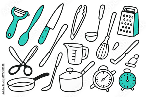 Cooking Tools Doodle. // Cooking tools. Hand-drawn doodle illustration cooking tools [vegetable peeler (accented), chef?s knife (accented), tongs, ladle, spoon