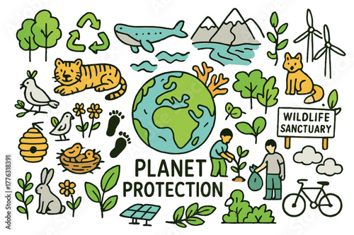 Earth Conservation Doodle. Planet protection. Hand-drawn doodle illustration Earth globe (colored), trees (colored), recycling symbols (colored), endangered