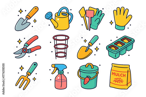 Isometric Tomato Gardening Icons. Home tomato gardening tools. Colorful isometric vector icons set of Home tomato gardening tools: hand trowel, watering can,