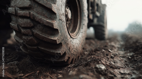 Close-up of truck tires pressing into wet muddy ground showing rugged terrain texture