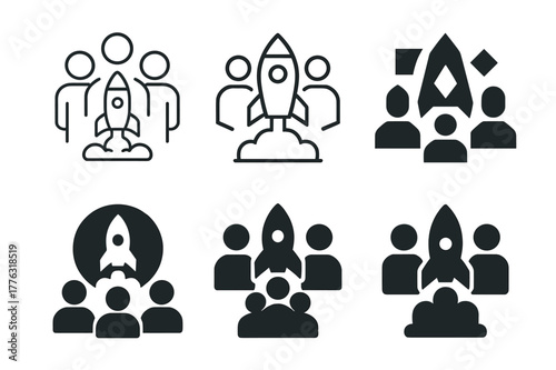 Creative Logos Brainstorm. Marketing professionals brainstorming ideas. Set Logo of marketing professionals brainstorming ideas: rocket launch marketing plan.