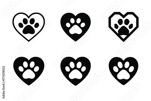 Heart Paw Logos. Pet adoption services and advocacy. Set Logo of Pet adoption services and advocacy: heart-shaped paw print. Icon set. harmonious