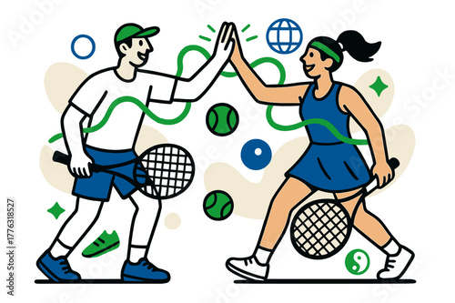 Energetic Tennis Celebration. Team spirit. Friends exchanging high-fives after a tennis point, glowing lines