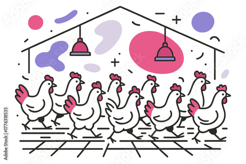 Geometric Poultry Harmony. Poultry Farm. Chickens moving in organized rows inside a poultry house with floating abstract geometric shapes and soft highlights,