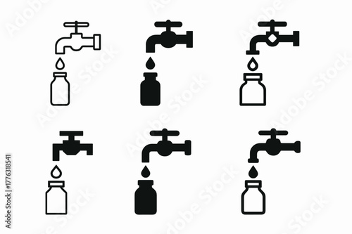 Refill Logo Variations. Refilling a water bottle. Set Logo of Refilling a water bottle: tap and droplet icon. Icon set. harmonious logo variations of the same