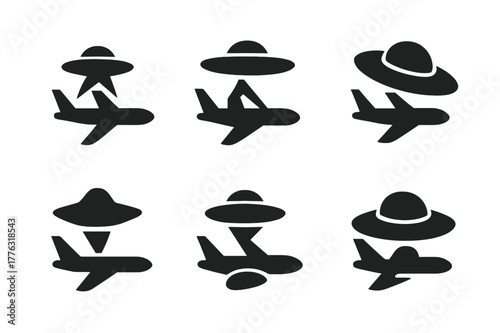 UFO Airplane Icons. UFO sightings. Set Logo of airplane and saucer near-miss icon: Stylized detail, Iconic shape, Flat solid, Minimal outline, Abstract