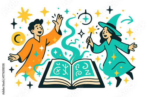 Magical Spellbook Illustration. Enchantments. A glowing spellbook open with magical runes and swirling energy,