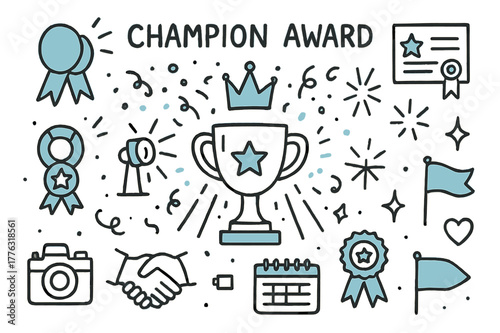 Champion Doodle Icons. Champion award. Hand-drawn doodle illustration champion award gold cup (accented), crown (accented), ribbon medal, certificate