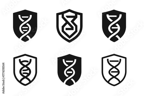 Genetic Testing Logos. Genetic testing in healthcare. Set Logo of Genetic testing in healthcare: DNA helix in shield. Icon set. harmonious logo variations of