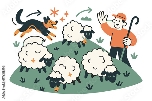 Playful Pastoral Scene. Grazing sheep. Woolly shapes nibble a green hillside as bells ping like tiny stars; a shepherd waves ?Hello, meadow!?. A playful dog