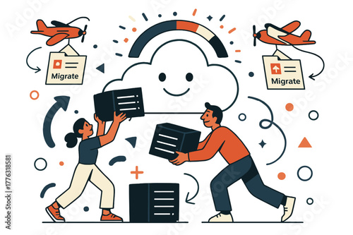 Cloud Migration Celebration. Cloud migration. Engineers lift server boxes into a smiling cloud; tiny planes carry files with ?Migrate? tags. A progress bar