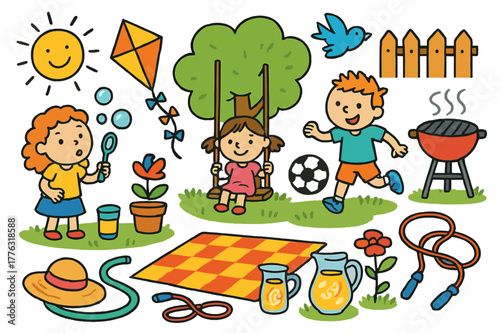 Backyard Fun Doodles. Backyard playtime. Colorful Hand-drawn doodle Children illustration Backyard playtime picnic blanket, soccer ball, bubbles wand, jump