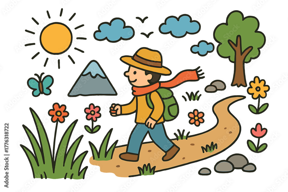 Naklejka premium Whimsical Nature Walk. nature walk. Colorful Hand-drawn doodle Children illustration nature walk person, tall grass, wind, mountain, clouds, sun, birds,