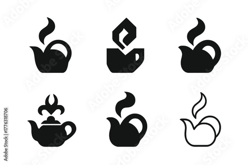 Tea Kettle Logos. tea kettle spout. Set Logo of tea kettle spout: steam plume from spout tip. Icon set. harmonious logo variations of the same emblematic