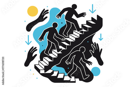 Endless Shadowy Descent. Eternal Descent. Shadowy figures stepping down an endless staircase that twists into darkness. Hands reach from negative space as