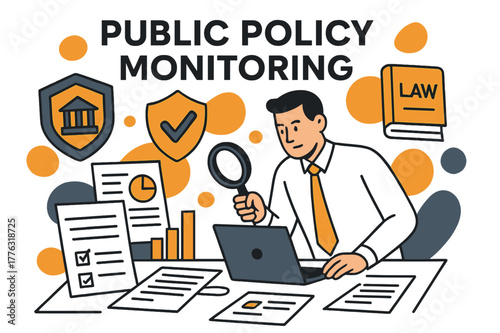 Policy Oversight Illustration. Public policy monitoring. A desk with documents, charts, and floating