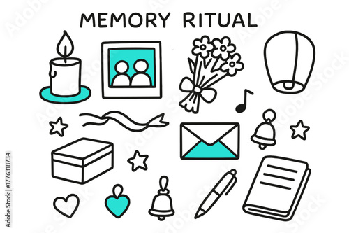 Memory Ritual Doodles. // Memory ritual. Hand-drawn doodle illustration Memory ritual [candle (accented), photo frame (accented), bouquet (accented), ribbon,