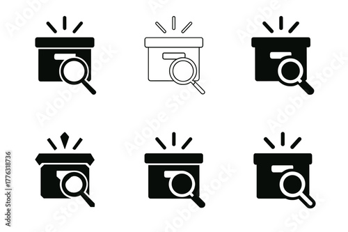 Intellectual Property Logos. Lawyers and clients discussing intellectual property cases. Set Logo of prior art search: archive box with magnifier and light
