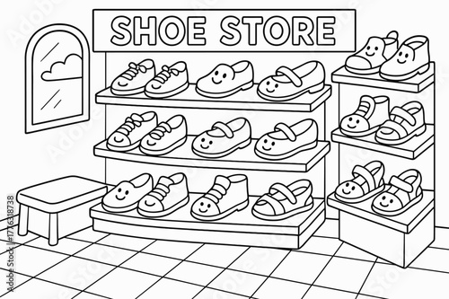 Smiling Shoes Coloring Book. Shoe store children?s coloring book illustration, outlined drawing, cartoon shop