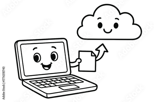 Cloud Upload Coloring Fun. Uploading to the cloud children?s coloring book illustration, outlined drawing, a cheerful laptop sending a file with an arrow