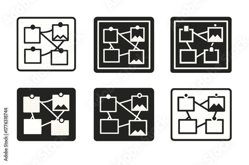 Family Vision Board Icons. Creating a family vision board. Icon set. Set Logo of creating a family vision board: corkboard with photos and notes connected by