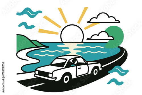 Coastal Sunset Drive. Sunset coastal drive. A car drives along the highway with the sun setting over the ocean