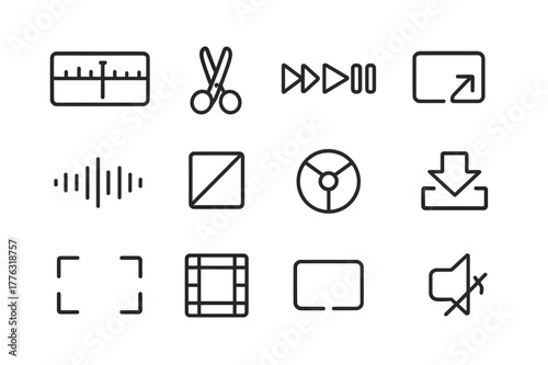 Video Editing Icons. Video Editing. Line icon set of Video Editing: timeline, playhead, scissors cut, playback controls, clip segment, sound wave, transition