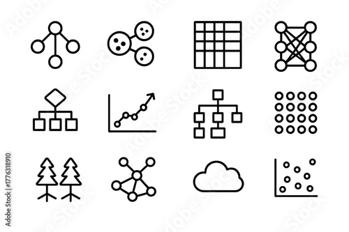 Unsupervised Learning Icons. Unsupervised learning. Line outline icon set of unsupervised learning: clustering