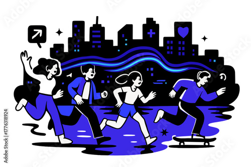 Neon City Reflections. Night lights. A glowing cityscape reflected in water, neon signs and car trails forming