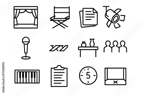 Stage Rehearsal Icons. Stage Rehearsal. Line icon set of Stage Rehearsal: open stage, director chair, script pages, spotlight, microphone, floor tape marks,